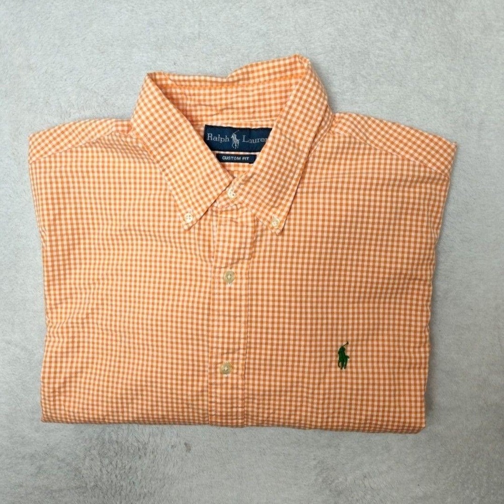Ralph Lauren Shirt Men XL Orange Gingham Plaid Button-Up Custom Embroidered Pony